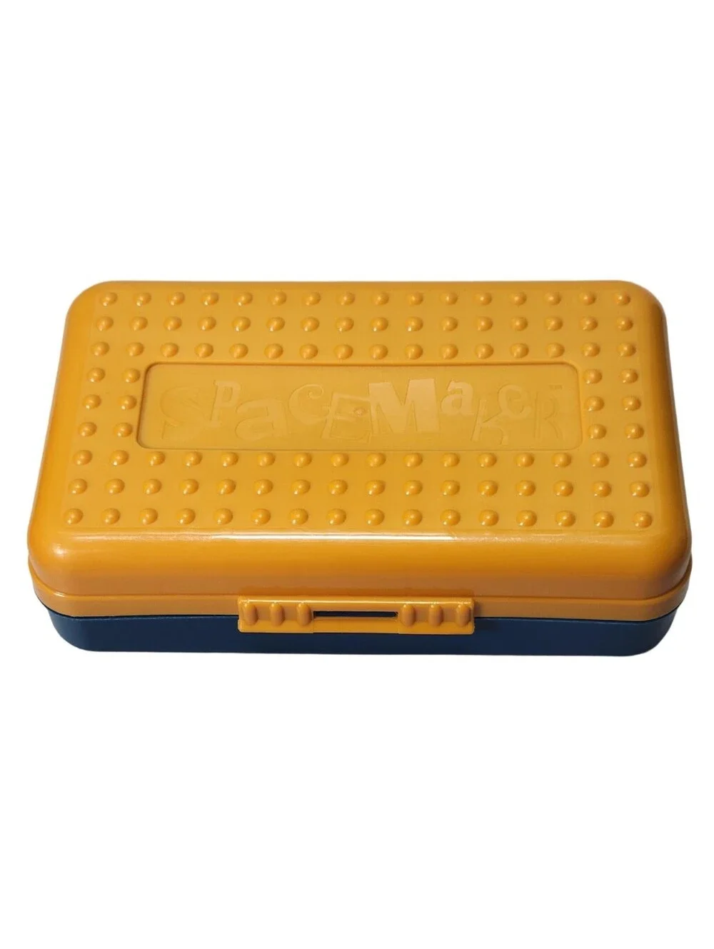 Vintage 90s Spacemaker Hard Pencil Case Box Mustard Top Frosted Teal/Navy Bottom